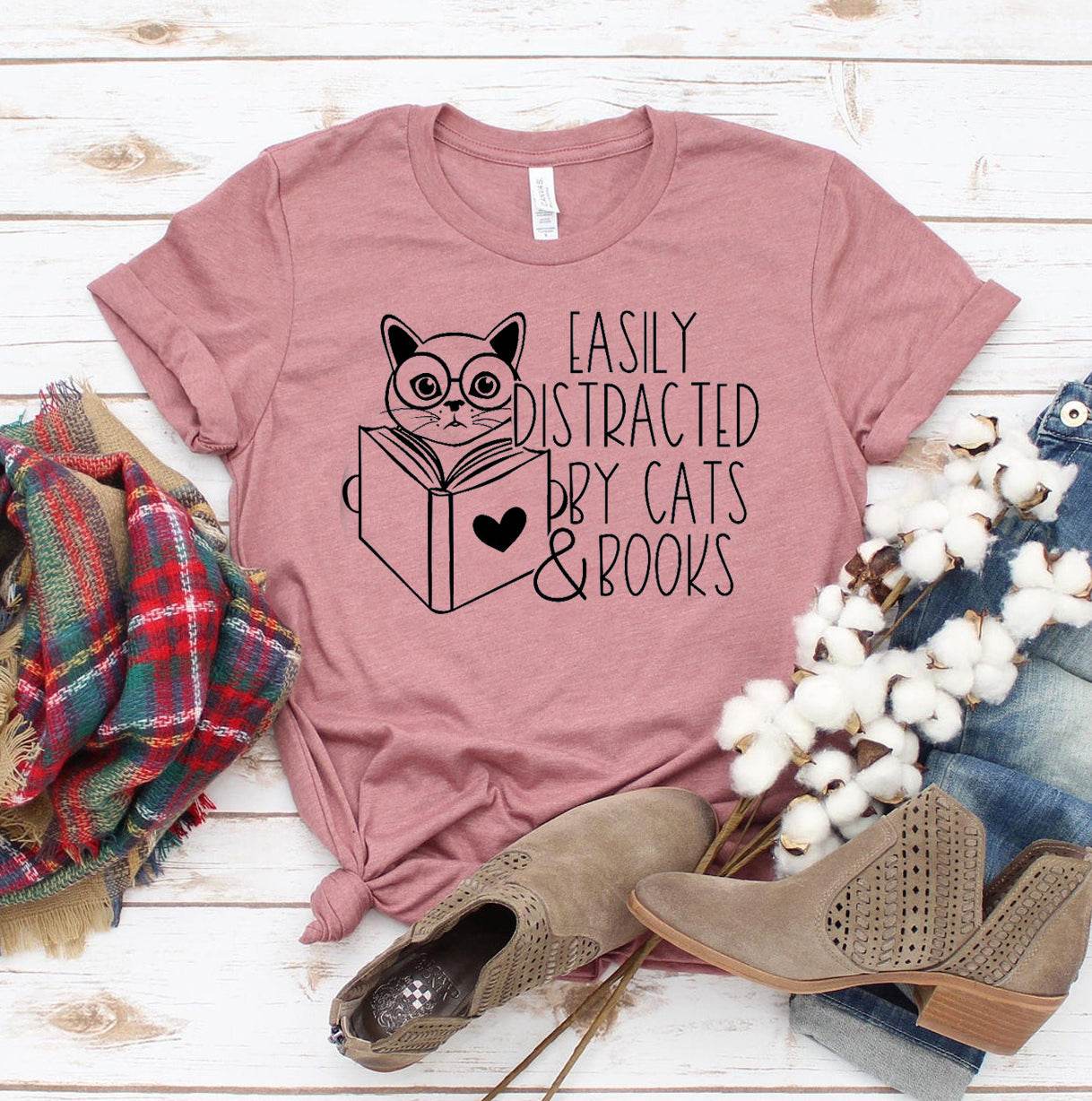 Easily Distracted By Cats & Books T-shirt - Big J's Showstoppin' Store